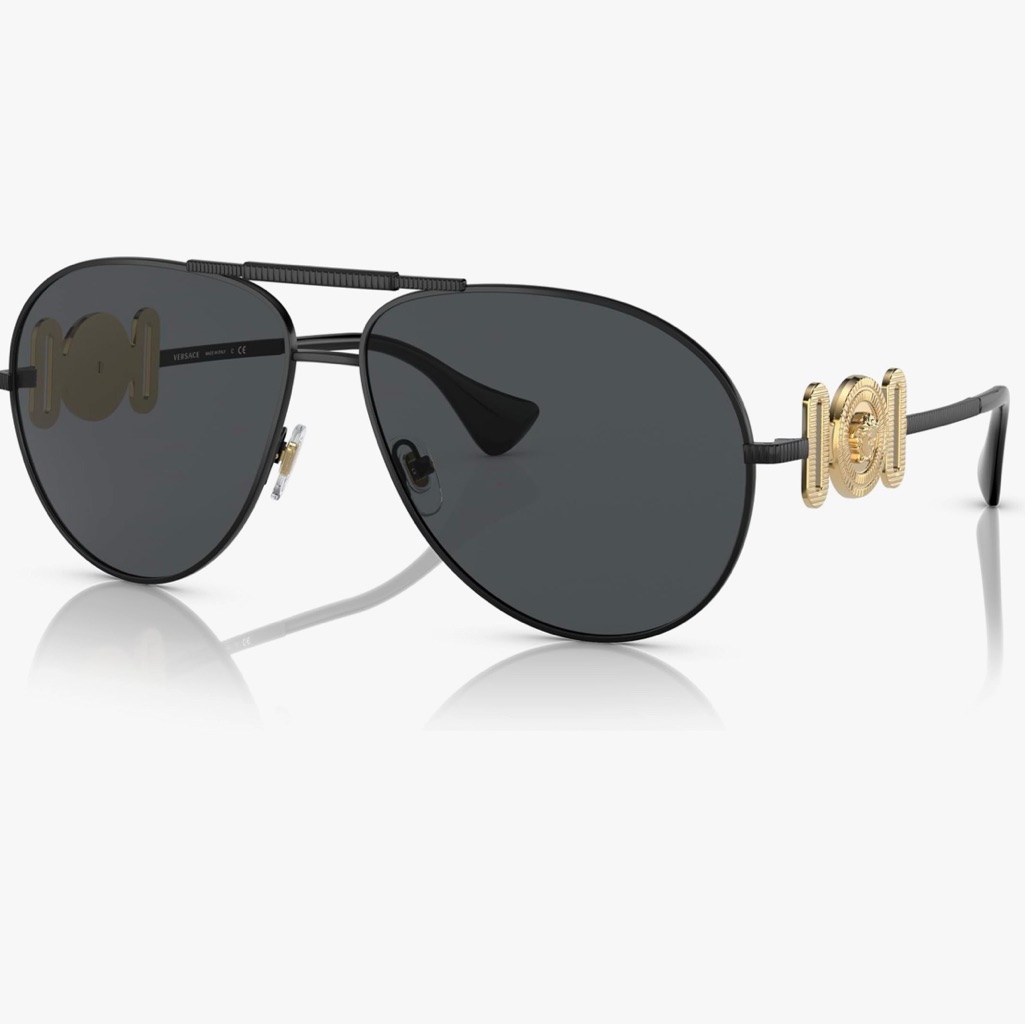 Versace Unisex Aviator Sunglasses Black Matte Frame, Brown/Black Len